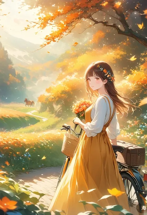 Creating award-winning, Ultra-realistic, Surreal landscape images，Depicts a very beautiful female rider riding gracefully through a peaceful autumn setting. Scene set in daylight, Warm sunlight streams through the golden autumn leaves, orange, and red, Cas...