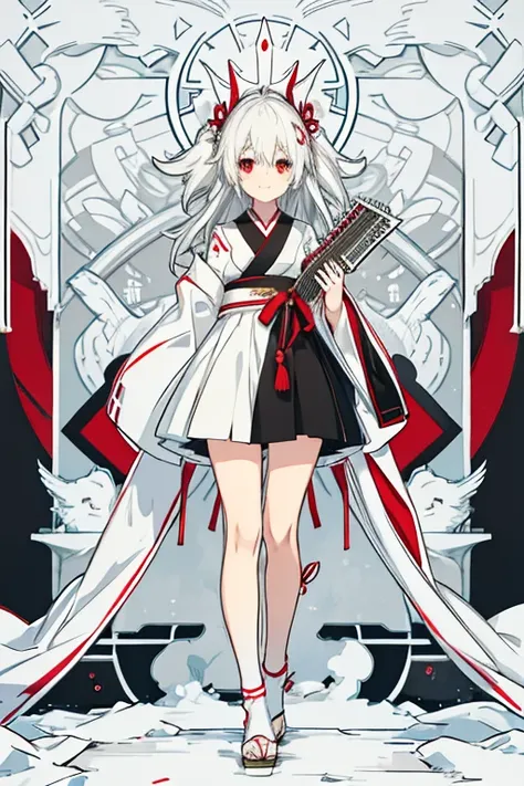 Show the whole body　Show your feet　Show your feet　Japanese anime style　One beautiful girl　White Hair　Gray Hair　White Hair　Long Hair　Red eyes　smile　band　vocal　guitar　Stand microphone　Black and white dress　stage