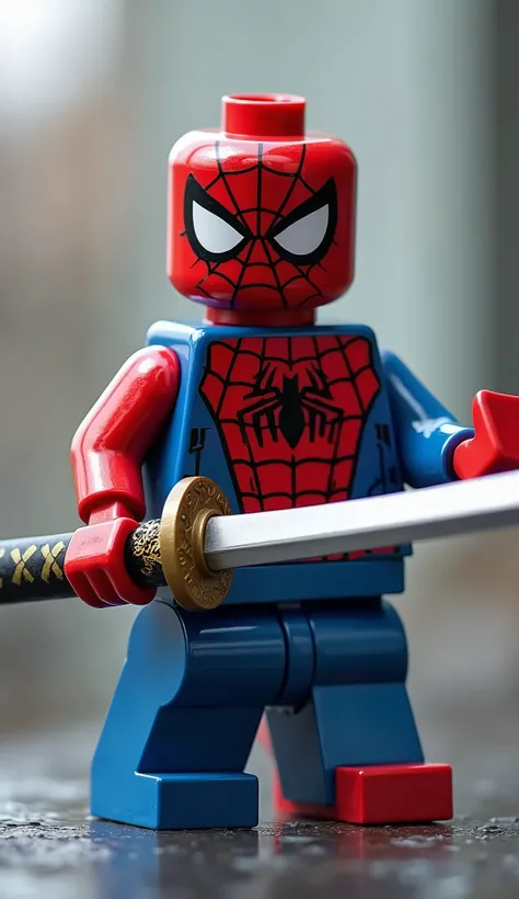 Lego Spiderman Holding a Japanese sword in both hands.