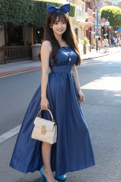 High resolution, Long Hair, chest, bangs, Brown Hair, smile, cute、
165cm、２４age、Japanese、
Blue dress、Handbags、A blue ribbon on her head、Disneyland、Blue High Heels、