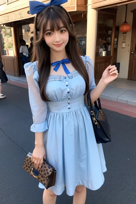 High resolution, Long Hair, chest, bangs, Brown Hair, smile, cute、
165cm、２４age、Japanese、
Blue dress、Handbags、A blue ribbon on her head、Disneyland、Black high heels、