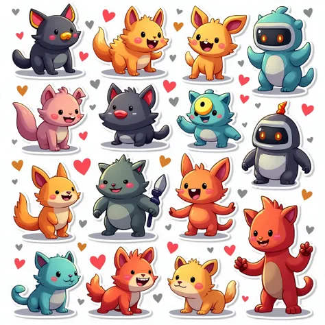 Generate a single sheet of stickers containing 50 unique cartoon characters. Each character should have a playful and cute style, with diverse designs that appeal to children. The characters should include a mix of animals, human-like figures, robots, and ...