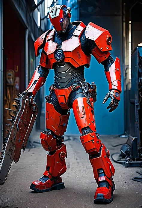 Dark_Fantasy,Cyberpunk,(chain saw,chain saw man,Red:1.1),1man,Mechanical marvel,Robotic presence,Cybernetic guardian, wearing a worn-out mech suit, intricate, (steel metal [rusty]), elegant, clear focus, shot by greg rutkowski, soft lighting, vibrant color...