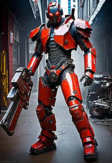 Dark_Fantasy,Cyberpunk,(chain saw,chain saw man,Red:1.1),1man,Mechanical marvel,Robotic presence,Cybernetic guardian, wearing a worn-out mech suit, intricate, (steel metal [rusty]), elegant, clear focus, shot by greg rutkowski, soft lighting, vibrant color...