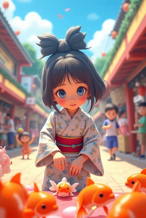 Summer Festival、There are lots of stalls at the festival、The blue-eyed girl is wearing a cute yukata、Goldfish scooping、3D Animation.Cute smile