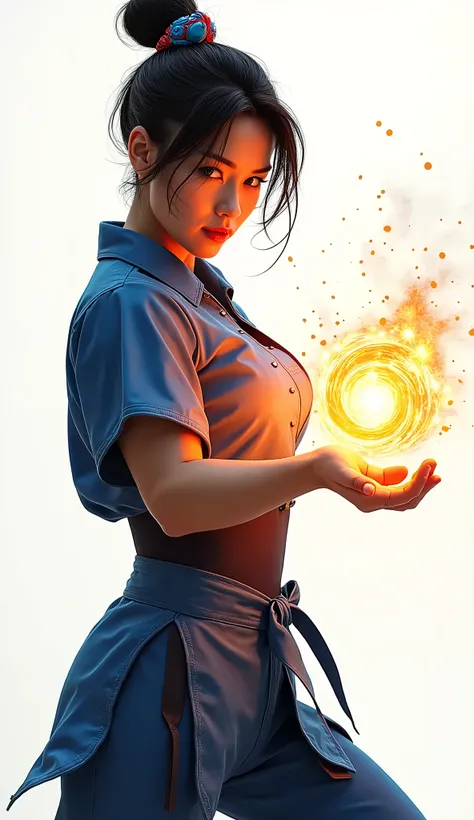 live-action、Real、Chunli、Creates a mass of energy in the palm of the hand、White background、