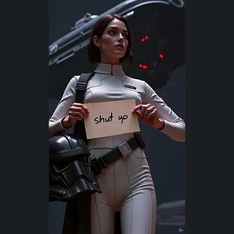 american cartoon, Ultra-HD, 16 thousand., complex details, maximum detail, dressed in a white uniform of an Imperial Guard star wars in her right hand holds a guard helmet in her left hand clutches a piece of paper with the inscription &quot;SHUT UP&quot;,...