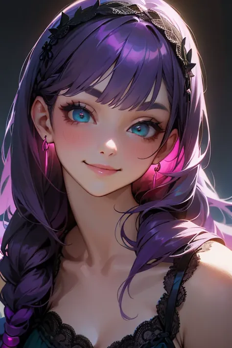 1 person, Straight bangs braid, ((black lace underwear)).Hair Accessories,(Purple Hair:1.2), Very long hair, Staring at the audience with straight hair, Detailed Background, (Realistic:1.2), Beautiful Eyes, Red eyeshadow, thigh, (Urzan-6500:0.7), Upper Bod...