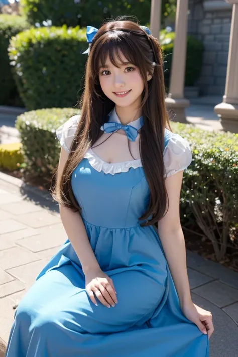 High resolution, Long Hair, chest, bangs, Brown Hair, smile, cute、
165cm、２４age、Japanese、
Cinderella Cosplay、Blue Dress、Blue ribbon、Disneyland、Halloween