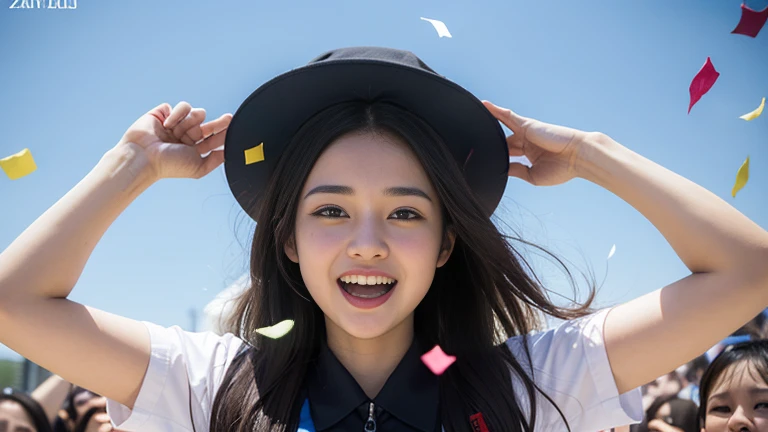 a group of students celebrating after passing the college entrance examination, colorful confetti, joyful expressions, graduation hats, raised hands, smiling faces, students hugging, blue sky, sunlight, vibrant colors, (best quality,4k,8k,highres,masterpie...