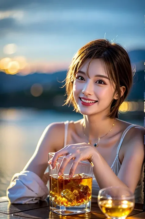 (Realistic, 超Realistic:1.4), 16K HDR, High resolution,((Whiskey Glass)),((Whiskey Bottle)),((Whiskey Glass)),Happy smile、short hair,The best smile、Japanese actress,so beautiful(It looks like the real thing),Evening Dresses,Cocktail Dresses、Whiskey Bottle、T...