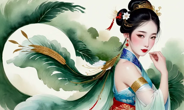 A beautiful dancer in ancient China,delicate lines,gorgeous costumes in ancient China,delicate and vivid,shy face,willow leaf eyebrows,personality depiction,coiled hair,gold leaf,flowing clouds,watercolor,crane surrounding,ink painting,gentle eyes,meticulo...