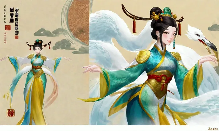 A beautiful dancer in ancient China,delicate lines,gorgeous costumes in ancient China,delicate and vivid,shy face,willow leaf eyebrows,personality depiction,coiled hair,gold leaf,flowing clouds,watercolor,crane surrounding,ink painting,gentle eyes,meticulo...