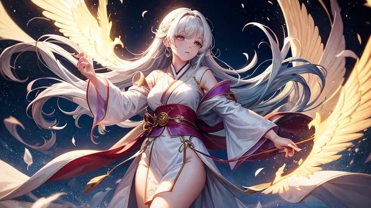 An elegant and charming female wizard、While wearing a robe that flutters in the wind、The moment to cast the spell。Magical powers draw shining symbols in the air、A scene where her gaze is filled with adult sexiness and light.。