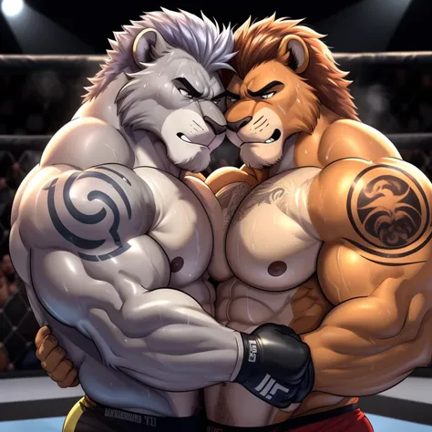 Duo male(Brown Lion vs Gray Lion), handsomes(handsome hairstyle, Thick eyebrows, detailed face), gay(cuddling embraced, bodies pressed each other frottage, holding behind each other heads, on a UFC match), hot(Shirtless), handsomes(They are handsomes, corr...