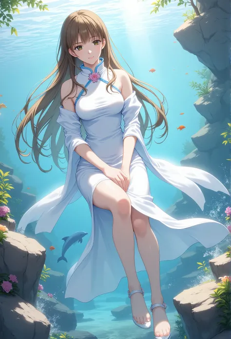 (Best Quality、Ultra-high resolution、８ｋ、Masterpiece:1.3)、Light brown hair、Long Hair、White Chinese Dress、Stole、Floral breast brooch、slit,　In the water、Floating in water、Beautiful figure、Beautiful Landscape、Fish on background、In the sea、Dolphin、Full Body,The ...