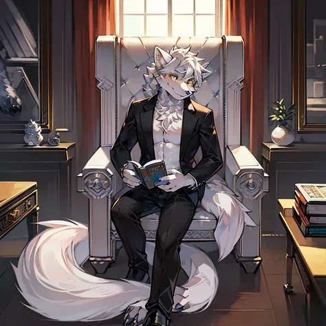 high detail, hyper quality, high resolution, 1080P, solo, furry, (male arctic wolf: 1.5), (gray fur: 1.3), gray skin, gray ears, golden eyes, sharp claws, (fluffy tail: 1.2), light smile, sitting in chair reading a book, in the room, natural lighting, deta...