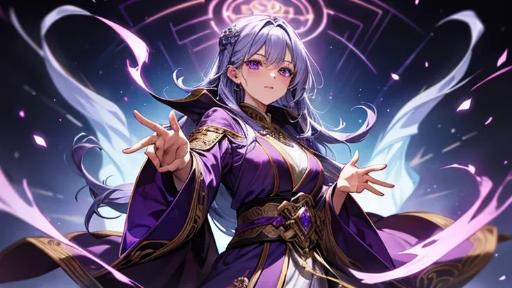 A female wizard in a deep purple robe、Cast a spell with graceful gestures、Magical energy swirls around her.。The gaze is powerful、While exuding adult charm、A mysterious light overflows from her hands.。