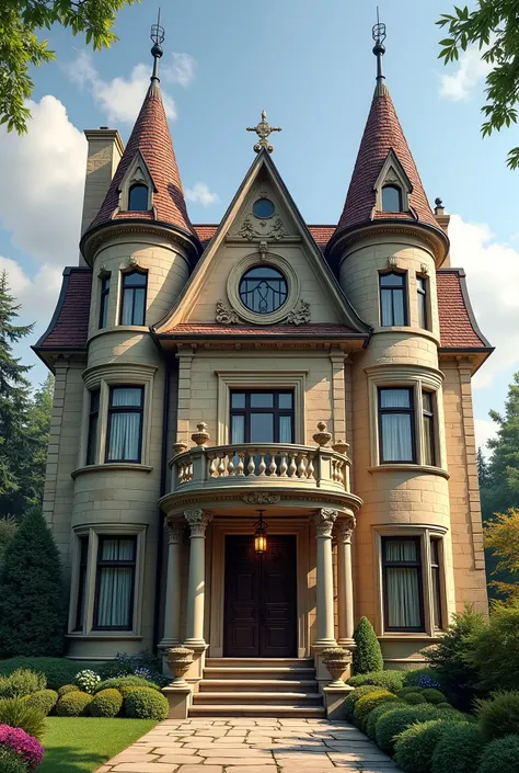 Englefield House with warm stone facade. High and symmetrical windows, perfectly aligned along each level, surrounded by carefully carved marble moldings. A series of towers rise towards the sky, just a few meters from the ceiling, as guardians of all prop...