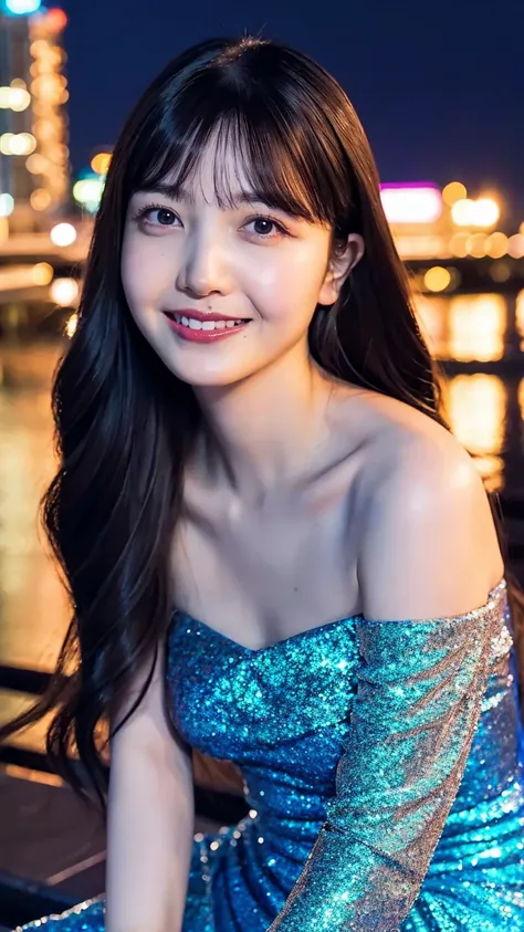 1girl,(wearing a blue glittery evening dress:1.2),(RAW photo, best quality), (realistic, photo-realistic:1.4), masterpiece, an extremely delicate and beautiful, extremely detailed, 2k wallpaper, Amazing, finely detail, extremely detailed CG unity 8k wallpa...