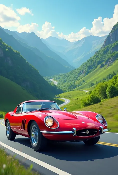 A red sports car, inspired by 1960s models, roulant sur une route de montagne sinueuse, surrounded by lush green landscapes and clear blue skies. The design of the car is elegant and aerodynamic, with curved lines and a retro look, capturing the spirit of ...