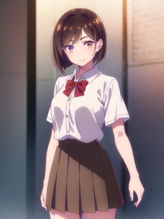 mizuharachizuru, Chizuru Ichinose, solo woman,(Long Bob:1.5), bangs, Brown Hair, (Brown eyes:1.5), smile,((High School Uniform, White blouse, Red bow tie, mini skirt, Pleated skirt)),outdoors,people々,looking at viewer, (Cowboy Shot:1.5),(masterpiece:1.2), ...