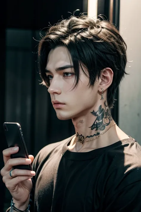 A male anime character with a neck tattoo, cell phone in the ear 