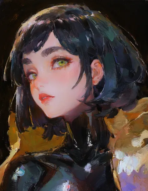 (best lighting) (best quality, masterpiece:1.2), (absurdres), 4k, (detailed eyes), (detailed face), alluring woman, black bob hairstyle, bangs, green eyes, dark makeup, black bodysuit, cape, curvy, portrait, oil painting, thick paint, textured background