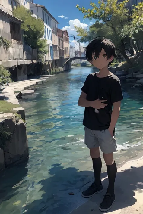 A boy standing by the water by the rivera,dark,Shadow,go astray
