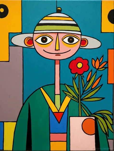 in the style of Thierry Noir（artist），
a painting with a funny looking cat with a hat holding a red bird , in the style of de stijl, playful cartoons, monumental figures, vivid birdlife, maquette, fine lines, childlike innocence 