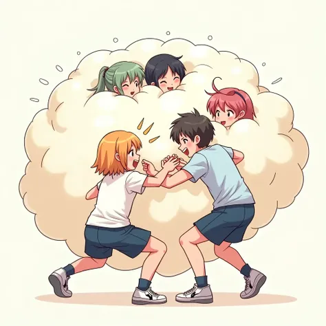  girls and  one boy playfully wrestling with each other inside a comical fight cloud .
each girl has different  colored hair. one boy with black short hair.
their faces,hands,and feet are visible emerging from the cloud as they tussle humorously,  with the...