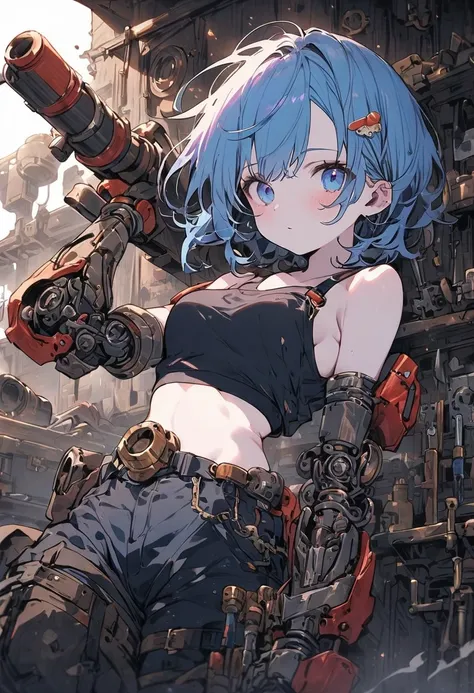 ((top quality)),((masterpiece)),((perfect face)),(ultra-detailed), ultra high res, 8k, ((mechanic, mechanic jumpsuit, petite girl, petite, Blue Eyes, drooping eyes, middle size breasts, black tank top underneath, crop top, goggles, robotic mechanical limbs...