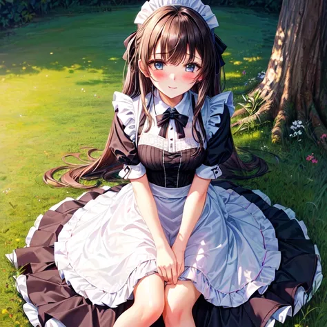 1girl, sitting on ground, maid attire, blushing. 