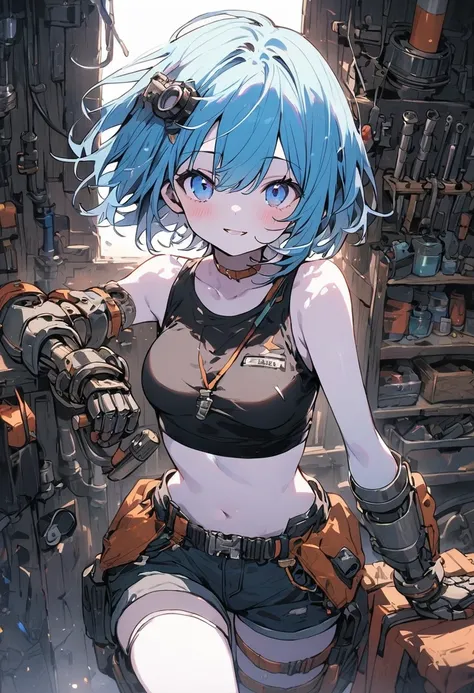 ((top quality)),((masterpiece)),((perfect face)),(ultra-detailed), ultra high res, 8k, ((mechanic, mechanic jumpsuit, petite girl, petite, Blue Eyes, drooping eyes, middle size breasts, black tank top underneath, crop top, goggles, robotic mechanical limbs...