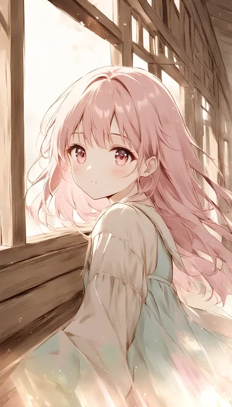 ((Pale lines and soft colors create a dreamlike effect., Fleeting Impressions..)),sepia、Children exploring a wooden school building、close,Pink Hair,Pink Eyes,