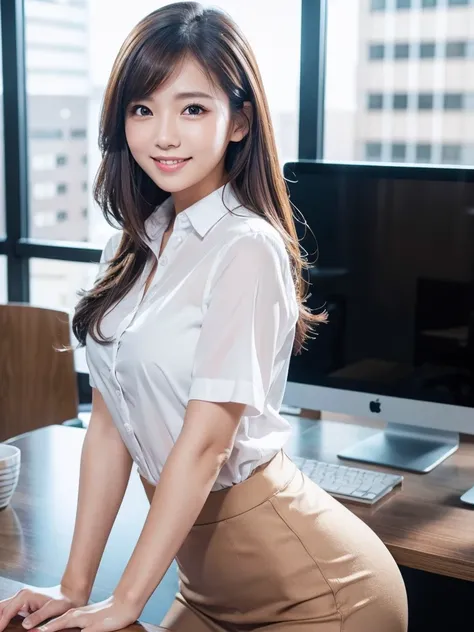 8k, High resolution, Very detailed, One Woman,Age 27, smile, Very cute eyes, Ultra-precise depiction, Artistic、Very detailed depiction,  Office ,  work,whole body,Friendly,Brown Hair, (Glowing Skin), Marunouchi Office Lady,Flat Body,slim,Cute Face,Beautifu...