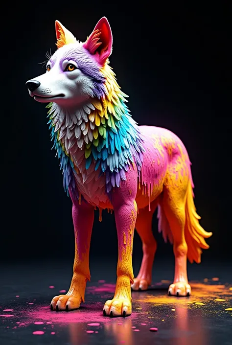 A 3D render of a rainbow-colored wolf made of fresh paint. The paint is dripping from the wolfs body. The background is black. The image has a textured, brushstroke-like appearance.