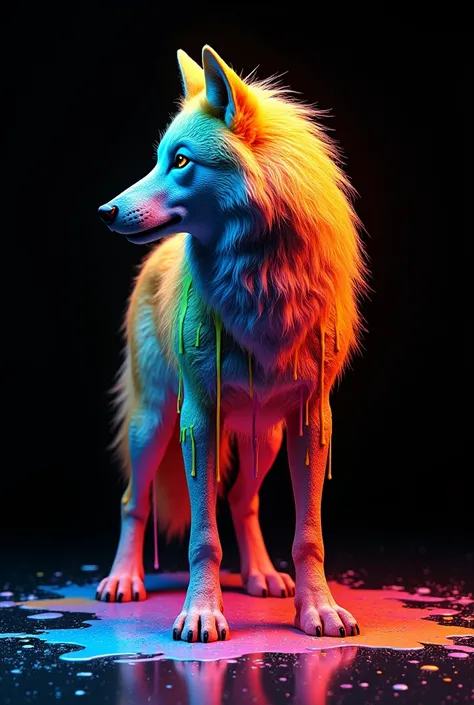 A 3D render of a rainbow-colored wolf made of fresh paint. The paint is dripping from the wolfs body. The background is black. The image has a textured, brushstroke-like appearance.