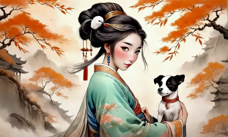 A cute yuna in ancient China playing with her dog,delicate lines,gorgeous costumes in ancient China,delicate and vivid,shy face,willow leaf eyebrows,personality depiction,coiled hair,gold leaf,flowing clouds,watercolor,crane surrounding,ink painting,gentle...