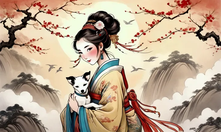 A cute yuna in ancient China playing with her dog,delicate lines,gorgeous costumes in ancient China,delicate and vivid,shy face,willow leaf eyebrows,personality depiction,coiled hair,gold leaf,flowing clouds,watercolor,crane surrounding,ink painting,gentle...