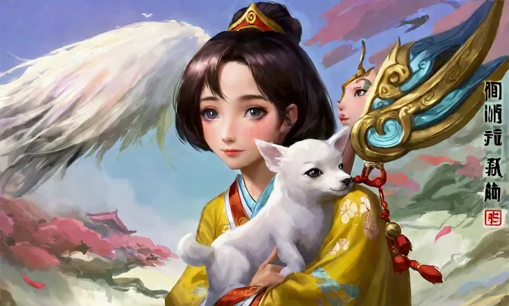 A cute yuna in ancient China playing with her dog,delicate lines,gorgeous costumes in ancient China,delicate and vivid,shy face,willow leaf eyebrows,personality depiction,coiled hair,gold leaf,flowing clouds,watercolor,crane surrounding,ink painting,gentle...