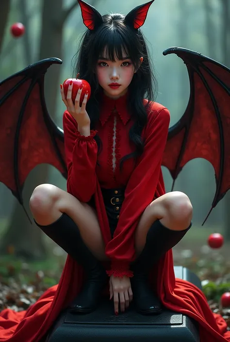 Asian Vampire Girl, Sharp teeth, Red round neck set, Red long sleeve shirt, Bat wings, The right hand holds a red apple., Squatting on a black coffin