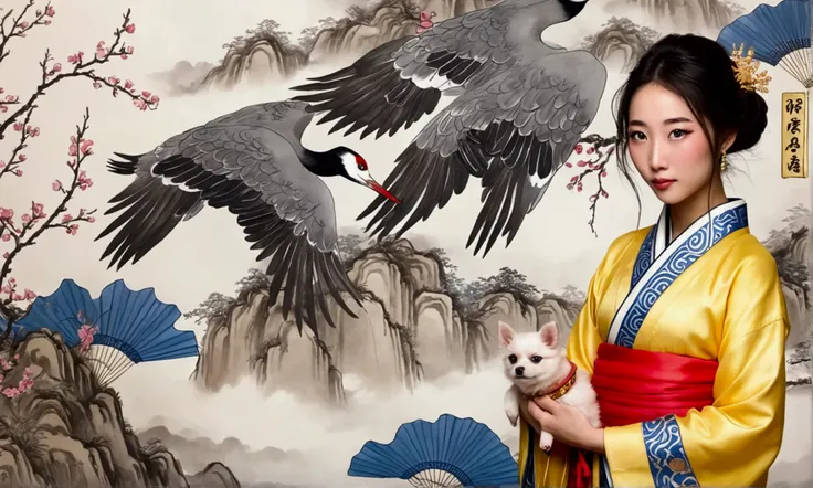 A cute yuna in ancient China playing with her dog,delicate lines,gorgeous costumes in ancient China,delicate and vivid,shy face,willow leaf eyebrows,personality depiction,coiled hair,gold leaf,flowing clouds,watercolor,crane surrounding,ink painting,gentle...