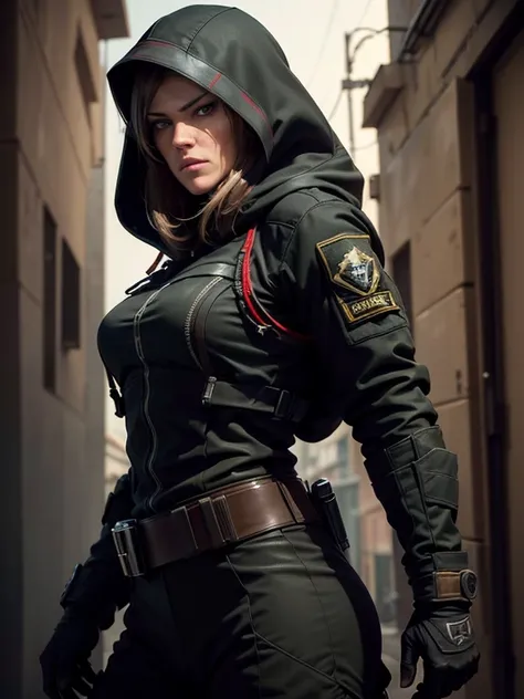 Jennifer Carpenter looks like (in black tactical military gear inspired by assassins creed, with hood, black hair, fit/muscular arms) as ITALIAN special forces black ops soldier. War. Heavy combat. Ass.
