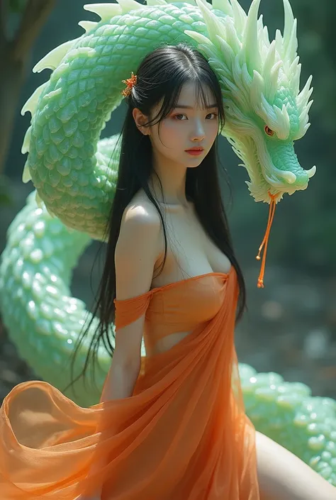 A beautiful Chinese goddess with a jade-like figure looks at the audience with yearning eyes., Wearing an orange Chinese dress made of sheer fabric, she stood gracefully.. Her black hair reaches her forehead., Zhongfenghua style. A Chinese dragon made of g...