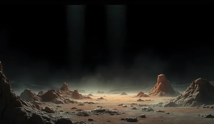 Arav view of desert rocks and sunbeams, Light illuminates the dust, Dark desert background, Martian Landscape, Martian sand background,Martian Landscape, On the surface of Mars, Light illuminates the dust, Alien Landscape, Volumetric sun rays and dust, Mar...