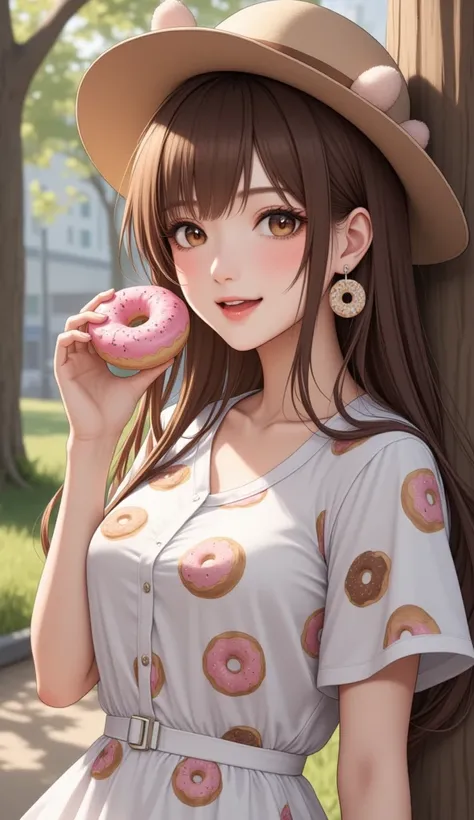 1girl, solo, close-up, long hair, wide smile, whimsical hat, donut earrings, donut-print dress, holding a donut, leaning on a tr...