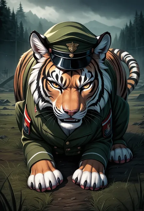 score_9, score_8_up, score_7_up,  (((feral))), feral white tiger wearing a military uniform, headgear, solo, female,feral, fur,  white tiger, seductive, looking at viewer, angry, tail, paws, spooky, battlefield, [best quality, shaded, extreme detail, highl...