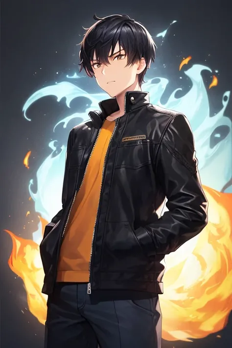 ((1guy)), perfect face, ghost rider, black hair, short hair, brown eyes, blue fire, asian, ((dark background)), ((facing forward)), cowboy shot, (()), in the center, (()), ((standing)), ((hands in pockets)), ((perfect hands, correct number of fingers)), ((...