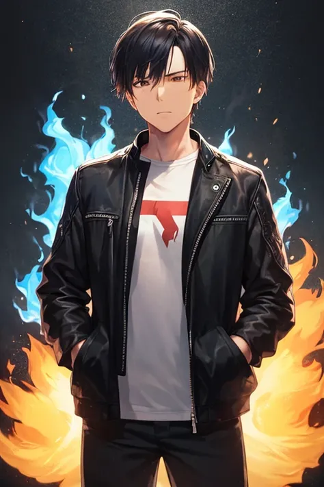 ((1guy)), perfect face, ghost rider, black hair, short hair, brown eyes, blue fire, asian, ((dark background)), ((facing forward)), cowboy shot, (()), in the center, (()), ((standing)), ((hands in pockets)), ((perfect hands, correct number of fingers)), ((...